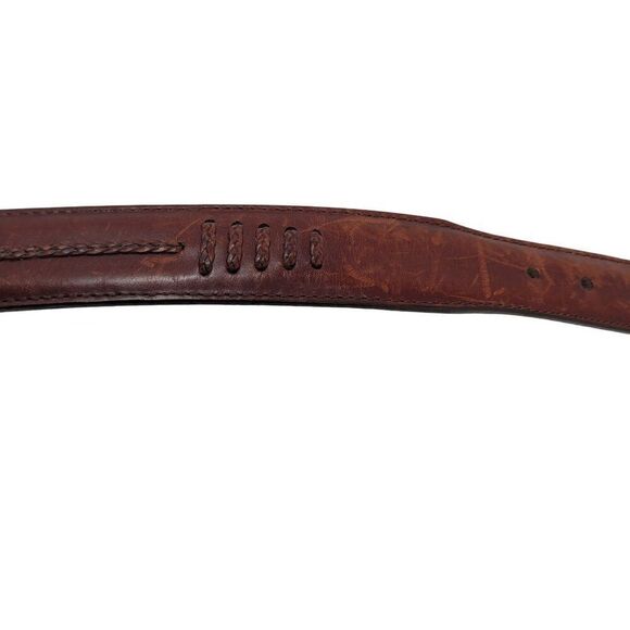Vtg 90s Mens Cognac Brown Leather Belt Sz 34 Braided Inlay Silver Distressed Buc - Picture 10 of 16